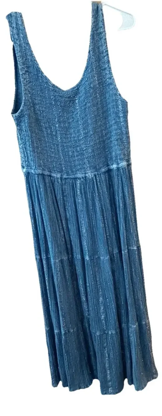 Mlle Gabrielle Dress Sz 1X Smocked Tiered Blue Silver Chic Bohemian Boho Cottage